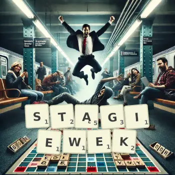 Kreatywna ilustracja do gry w Scrabble ze słowem STĄGIEWEK ułożonym z płytek na planszy.