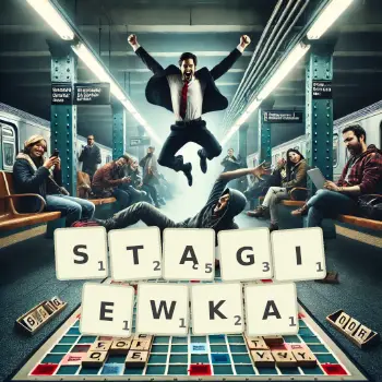 Kreatywna ilustracja do gry w Scrabble ze słowem STĄGIEWKA ułożonym z płytek na planszy.