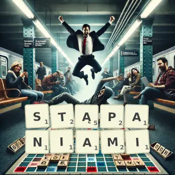 Kreatywna ilustracja do gry w Scrabble ze słowem STĄPANIAMI ułożonym z płytek na planszy.