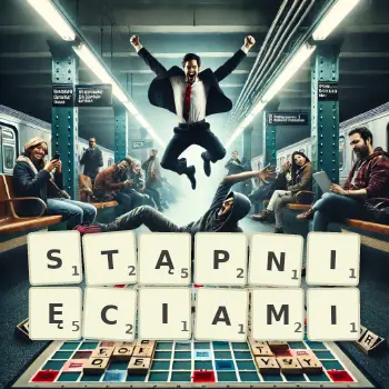 Kreatywna ilustracja do gry w Scrabble ze słowem STĄPNIĘCIAMI ułożonym z płytek na planszy.