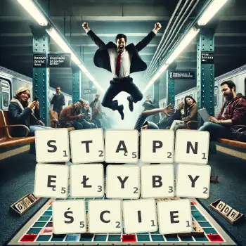 Kreatywna ilustracja do gry w Scrabble ze słowem STĄPNĘŁYBYŚCIE ułożonym z płytek na planszy.