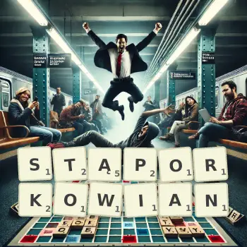 Kreatywna ilustracja do gry w Scrabble ze słowem STĄPORKOWIAN ułożonym z płytek na planszy.