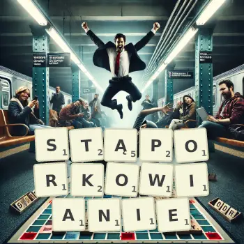 Kreatywna ilustracja do gry w Scrabble ze słowem STĄPORKOWIANIE ułożonym z płytek na planszy.