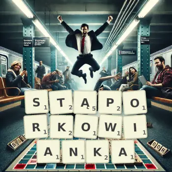 Kreatywna ilustracja do gry w Scrabble ze słowem STĄPORKOWIANKA ułożonym z płytek na planszy.