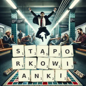 Kreatywna ilustracja do gry w Scrabble ze słowem STĄPORKOWIANKI ułożonym z płytek na planszy.