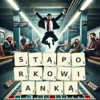 Kreatywna ilustracja do gry w Scrabble ze słowem STĄPORKOWIANKĄ ułożonym z płytek na planszy.