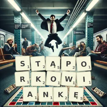 Kreatywna ilustracja do gry w Scrabble ze słowem STĄPORKOWIANKĘ ułożonym z płytek na planszy.