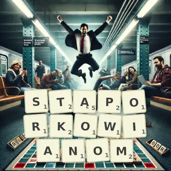 Kreatywna ilustracja do gry w Scrabble ze słowem STĄPORKOWIANOM ułożonym z płytek na planszy.