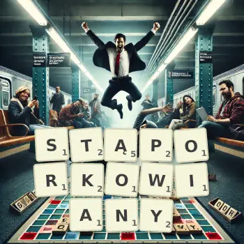 Kreatywna ilustracja do gry w Scrabble ze słowem STĄPORKOWIANY ułożonym z płytek na planszy.