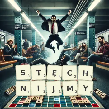 Kreatywna ilustracja do gry w Scrabble ze słowem STĘCHNIJMY ułożonym z płytek na planszy.