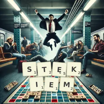 Kreatywna ilustracja do gry w Scrabble ze słowem STĘKIEM ułożonym z płytek na planszy.