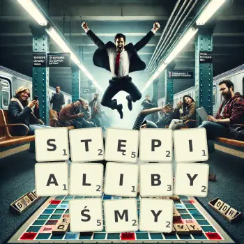 Kreatywna ilustracja do gry w Scrabble ze słowem STĘPIALIBYŚMY ułożonym z płytek na planszy.
