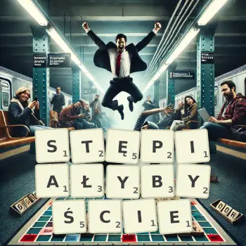 Kreatywna ilustracja do gry w Scrabble ze słowem STĘPIAŁYBYŚCIE ułożonym z płytek na planszy.