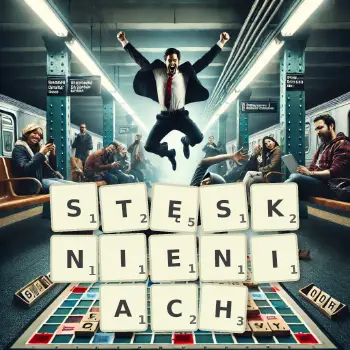 Kreatywna ilustracja do gry w Scrabble ze słowem STĘSKNIENIACH ułożonym z płytek na planszy.