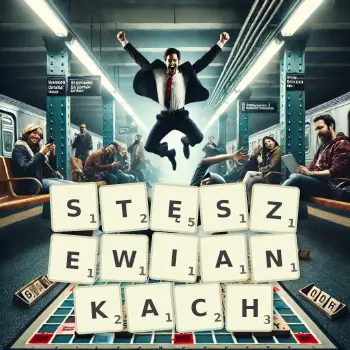 Kreatywna ilustracja do gry w Scrabble ze słowem STĘSZEWIANKACH ułożonym z płytek na planszy.