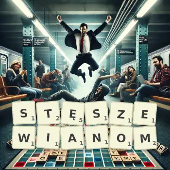 Kreatywna ilustracja do gry w Scrabble ze słowem STĘSZEWIANOM ułożonym z płytek na planszy.