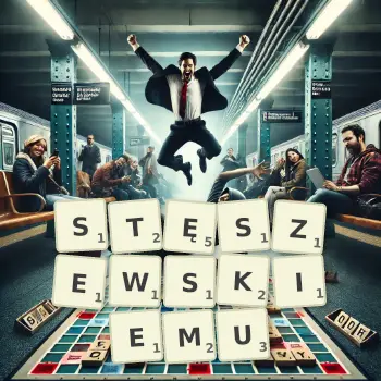 Kreatywna ilustracja do gry w Scrabble ze słowem STĘSZEWSKIEMU ułożonym z płytek na planszy.