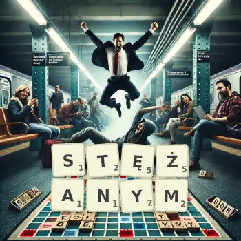 Kreatywna ilustracja do gry w Scrabble ze słowem STĘŻANYM ułożonym z płytek na planszy.