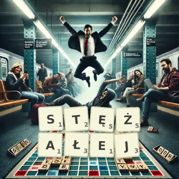 Kreatywna ilustracja do gry w Scrabble ze słowem STĘŻAŁEJ ułożonym z płytek na planszy.