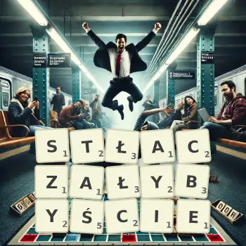 Kreatywna ilustracja do gry w Scrabble ze słowem STŁACZAŁYBYŚCIE ułożonym z płytek na planszy.
