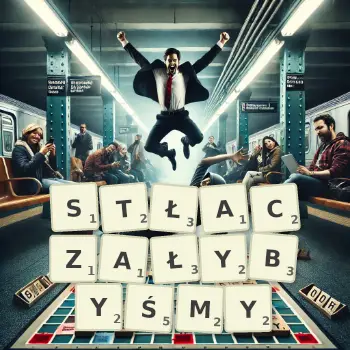 Kreatywna ilustracja do gry w Scrabble ze słowem STŁACZAŁYBYŚMY ułożonym z płytek na planszy.
