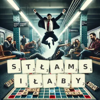 Kreatywna ilustracja do gry w Scrabble ze słowem STŁAMSIŁABY ułożonym z płytek na planszy.