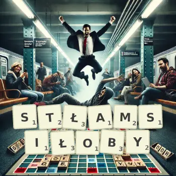 Kreatywna ilustracja do gry w Scrabble ze słowem STŁAMSIŁOBY ułożonym z płytek na planszy.