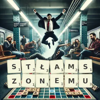 Kreatywna ilustracja do gry w Scrabble ze słowem STŁAMSZONEMU ułożonym z płytek na planszy.