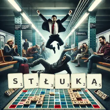 Kreatywna ilustracja do gry w Scrabble ze słowem STŁUKĄ ułożonym z płytek na planszy.
