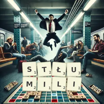 Kreatywna ilustracja do gry w Scrabble ze słowem STŁUMILI ułożonym z płytek na planszy.