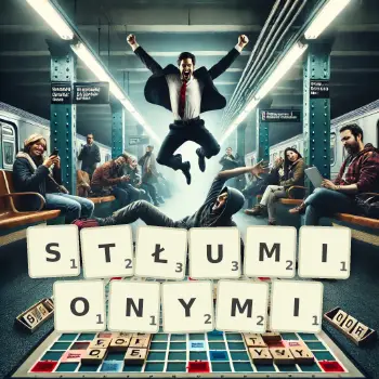 Kreatywna ilustracja do gry w Scrabble ze słowem STŁUMIONYMI ułożonym z płytek na planszy.