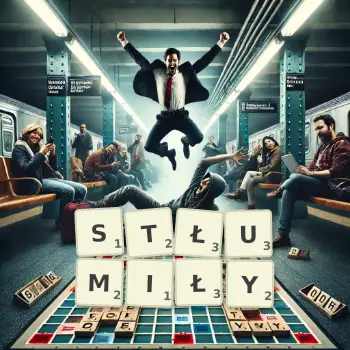 Kreatywna ilustracja do gry w Scrabble ze słowem STŁUMIŁY ułożonym z płytek na planszy.