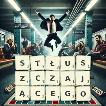 Kreatywna ilustracja do gry w Scrabble ze słowem STŁUSZCZAJĄCEGO ułożonym z płytek na planszy.