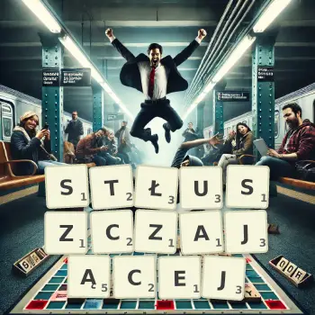 Kreatywna ilustracja do gry w Scrabble ze słowem STŁUSZCZAJĄCEJ ułożonym z płytek na planszy.