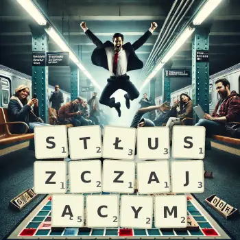 Kreatywna ilustracja do gry w Scrabble ze słowem STŁUSZCZAJĄCYM ułożonym z płytek na planszy.