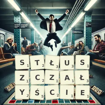 Kreatywna ilustracja do gry w Scrabble ze słowem STŁUSZCZAŁYŚCIE ułożonym z płytek na planszy.