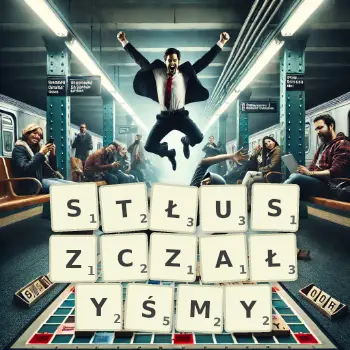 Kreatywna ilustracja do gry w Scrabble ze słowem STŁUSZCZAŁYŚMY ułożonym z płytek na planszy.