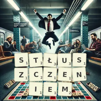 Kreatywna ilustracja do gry w Scrabble ze słowem STŁUSZCZENIEM ułożonym z płytek na planszy.