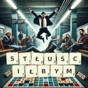 Kreatywna ilustracja do gry w Scrabble ze słowem STŁUŚCIŁBYM ułożonym z płytek na planszy.