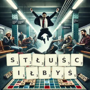 Kreatywna ilustracja do gry w Scrabble ze słowem STŁUŚCIŁBYŚ ułożonym z płytek na planszy.
