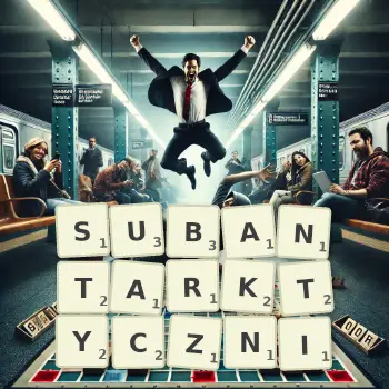 Kreatywna ilustracja do gry w Scrabble ze słowem SUBANTARKTYCZNI ułożonym z płytek na planszy.