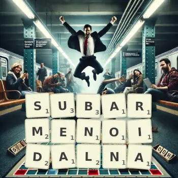 Kreatywna ilustracja do gry w Scrabble ze słowem SUBARMENOIDALNA ułożonym z płytek na planszy.