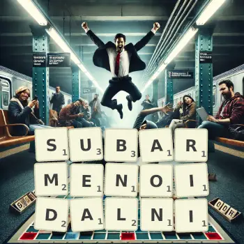 Kreatywna ilustracja do gry w Scrabble ze słowem SUBARMENOIDALNI ułożonym z płytek na planszy.