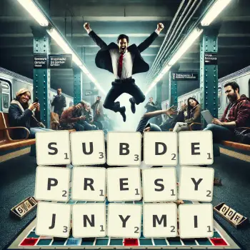 Kreatywna ilustracja do gry w Scrabble ze słowem SUBDEPRESYJNYMI ułożonym z płytek na planszy.