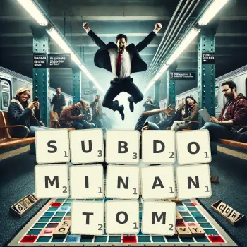 Kreatywna ilustracja do gry w Scrabble ze słowem SUBDOMINANTOM ułożonym z płytek na planszy.