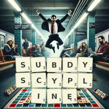 Kreatywna ilustracja do gry w Scrabble ze słowem SUBDYSCYPLINĘ ułożonym z płytek na planszy.