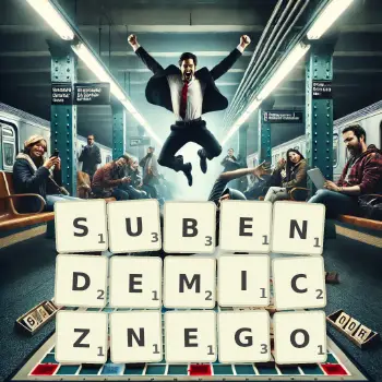 Kreatywna ilustracja do gry w Scrabble ze słowem SUBENDEMICZNEGO ułożonym z płytek na planszy.