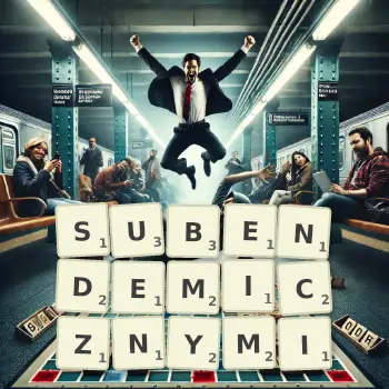 Kreatywna ilustracja do gry w Scrabble ze słowem SUBENDEMICZNYMI ułożonym z płytek na planszy.