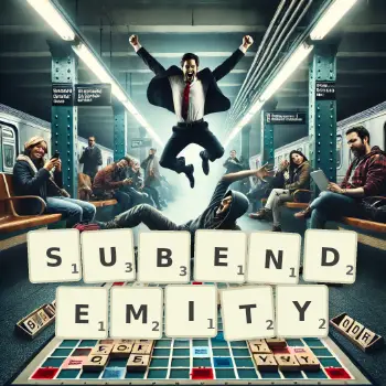 Kreatywna ilustracja do gry w Scrabble ze słowem SUBENDEMITY ułożonym z płytek na planszy.