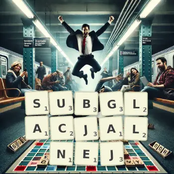 Kreatywna ilustracja do gry w Scrabble ze słowem SUBGLACJALNEJ ułożonym z płytek na planszy.